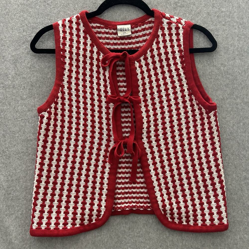 Nikka K Crochet Pointelle Tie Front Sweater Vest Sz S Red White Striped Boho